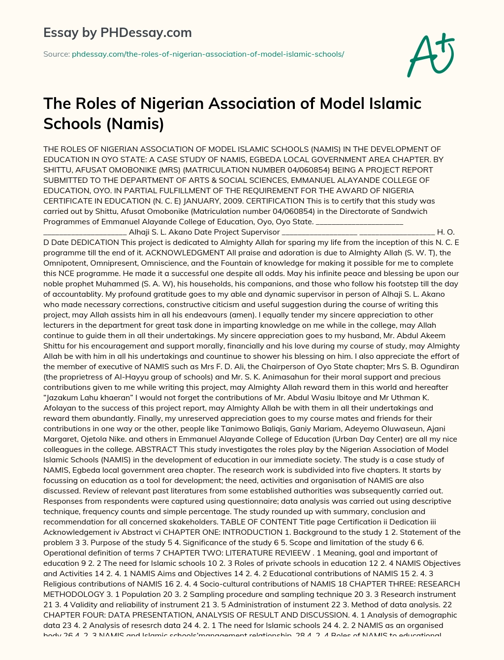 The Roles of Nigerian Association of Model Islamic Schools (Namis) essay