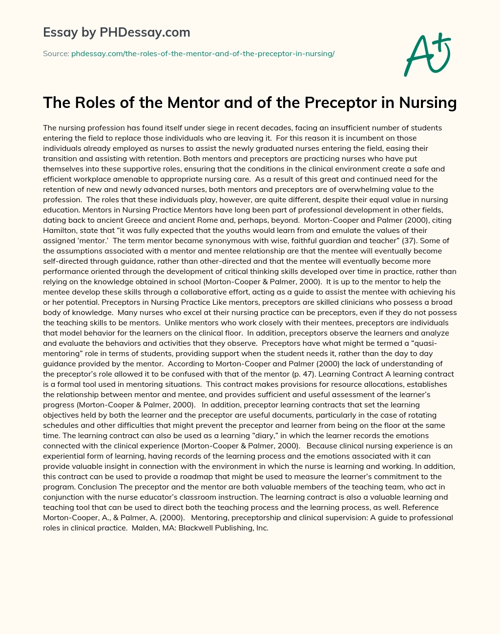 The Roles of the Mentor and of the Preceptor in Nursing - PHDessay.com