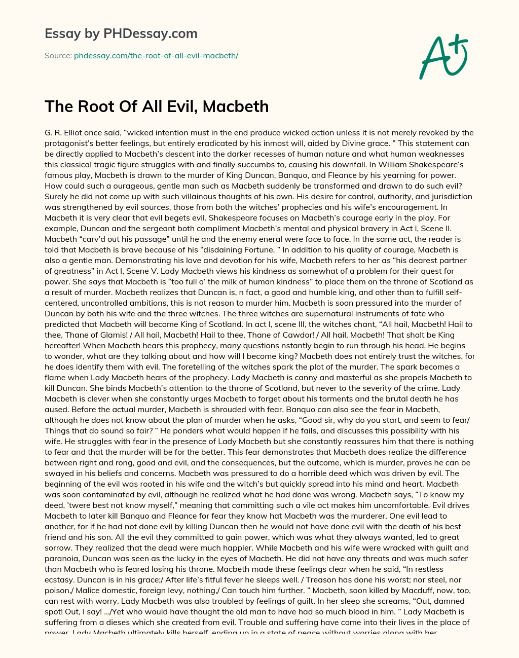 The Root Of All Evil, Macbeth essay