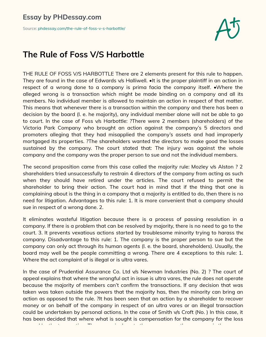 The Rule of Foss V/S Harbottle essay