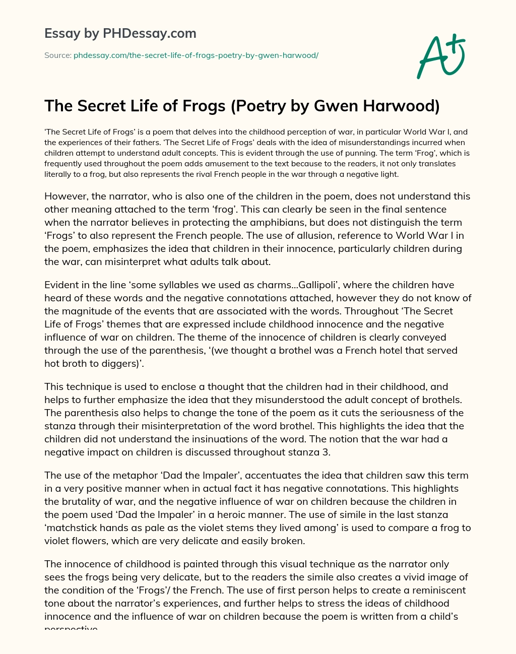 The Secret Life of Frogs (Poetry by Gwen Harwood) essay