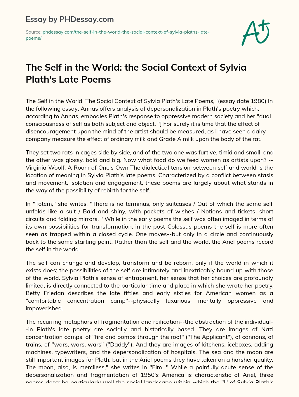 The Self in the World: the Social Context of Sylvia Plath’s Late Poems essay