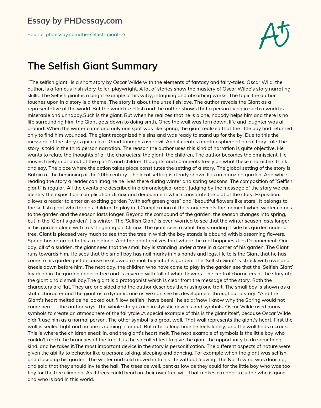 The Selfish Giant Summary essay