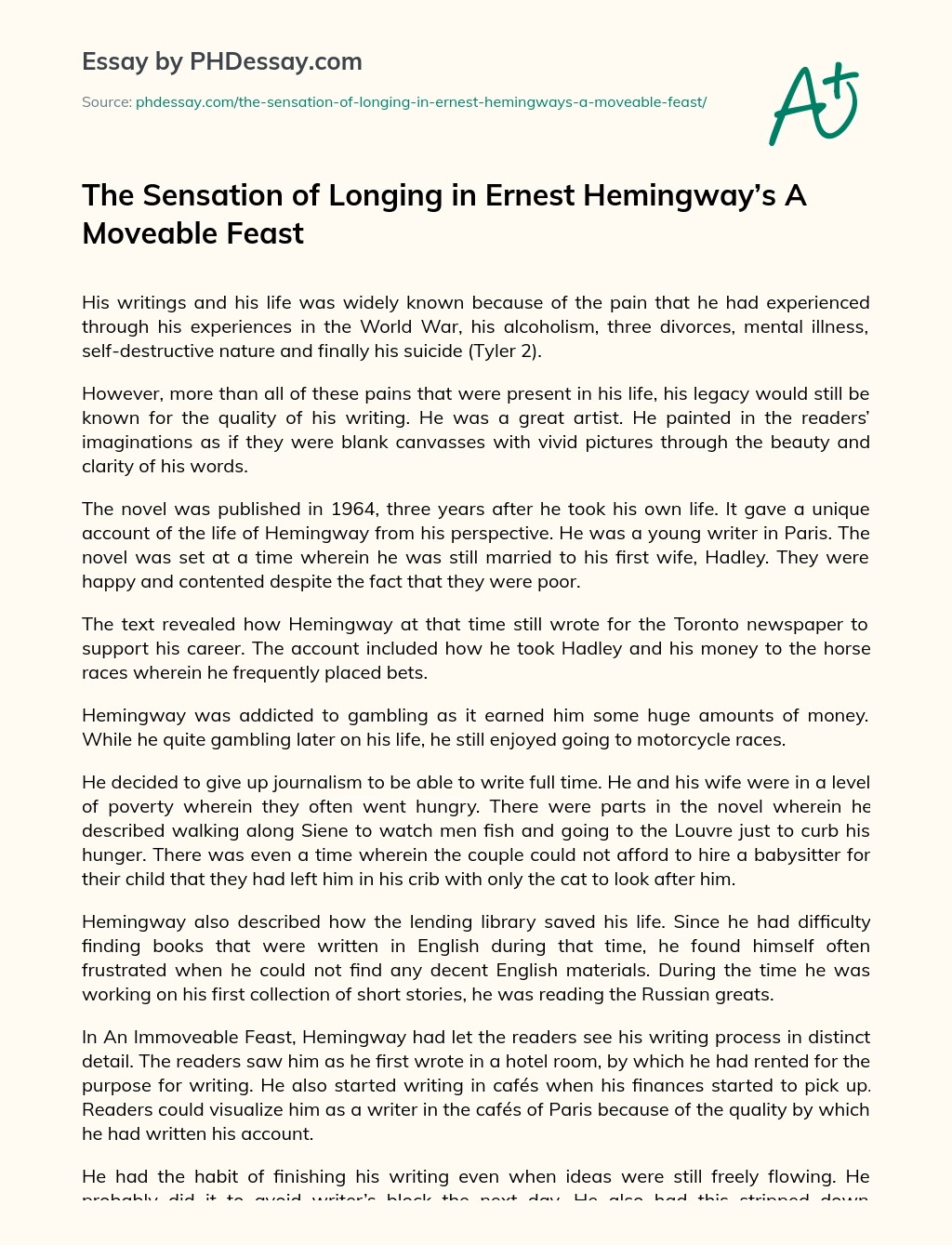 The Sensation of Longing in Ernest Hemingway’s A Moveable Feast essay