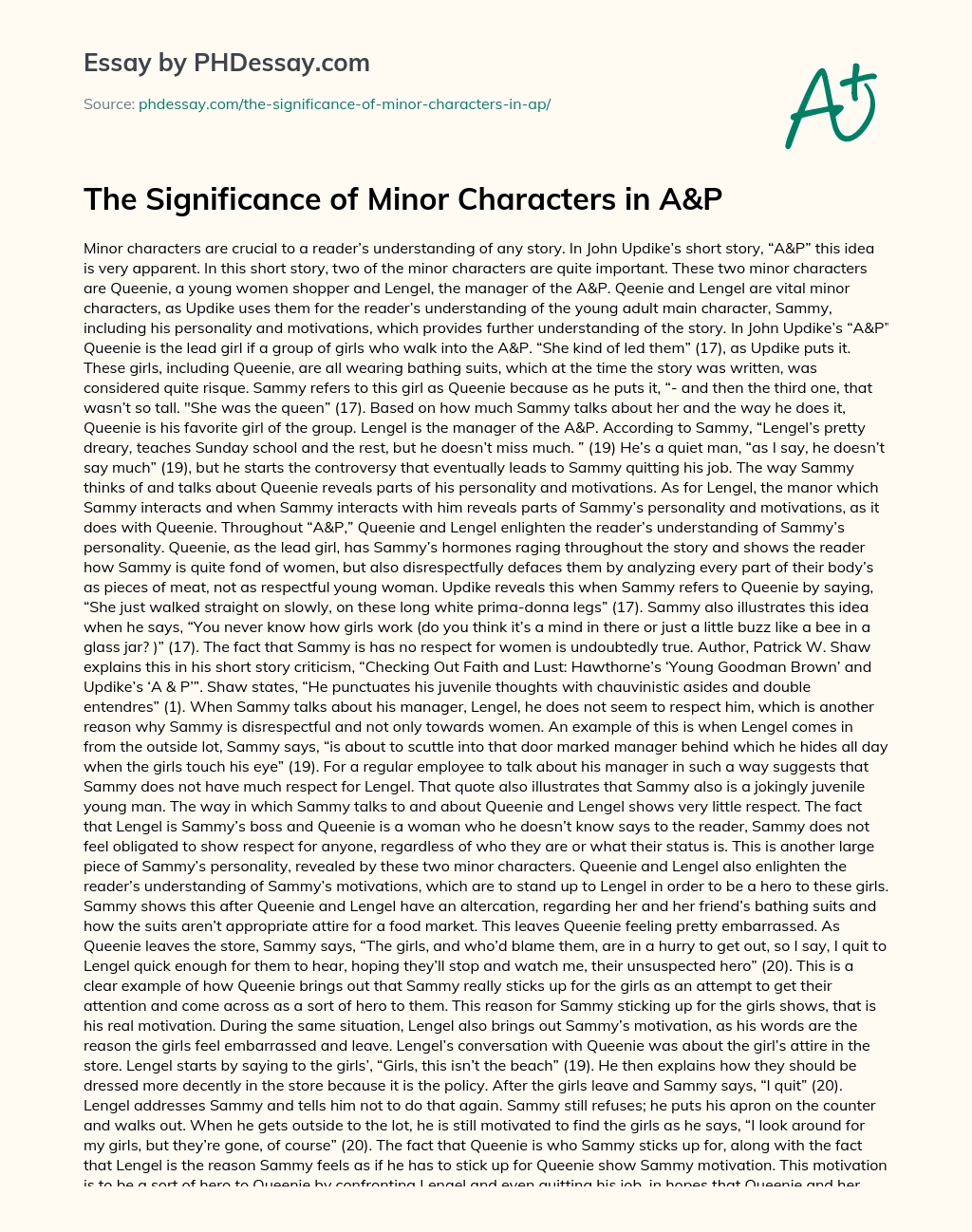 The Significance of Minor Characters in A&P essay