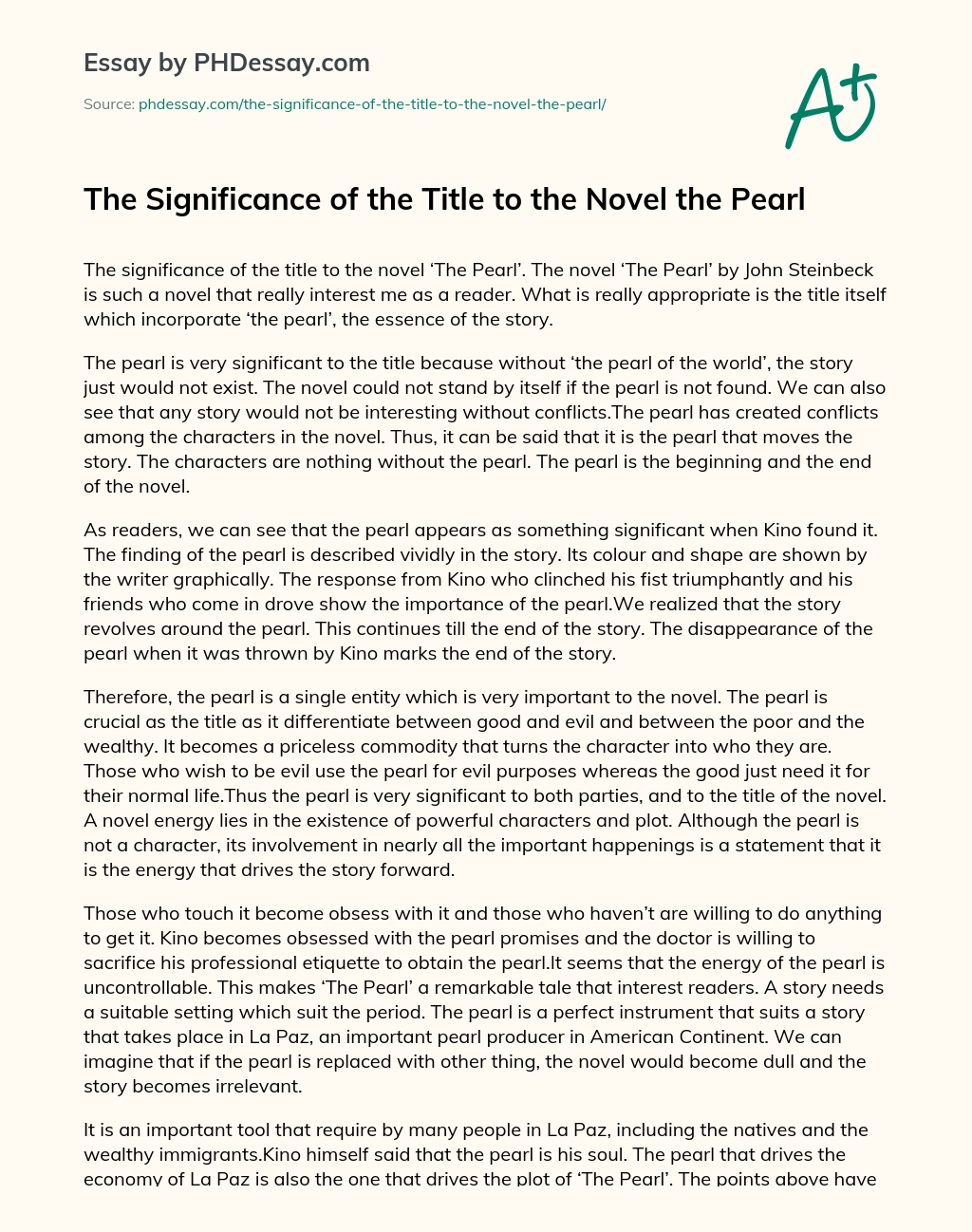 The Significance of the Title to the Novel the Pearl essay