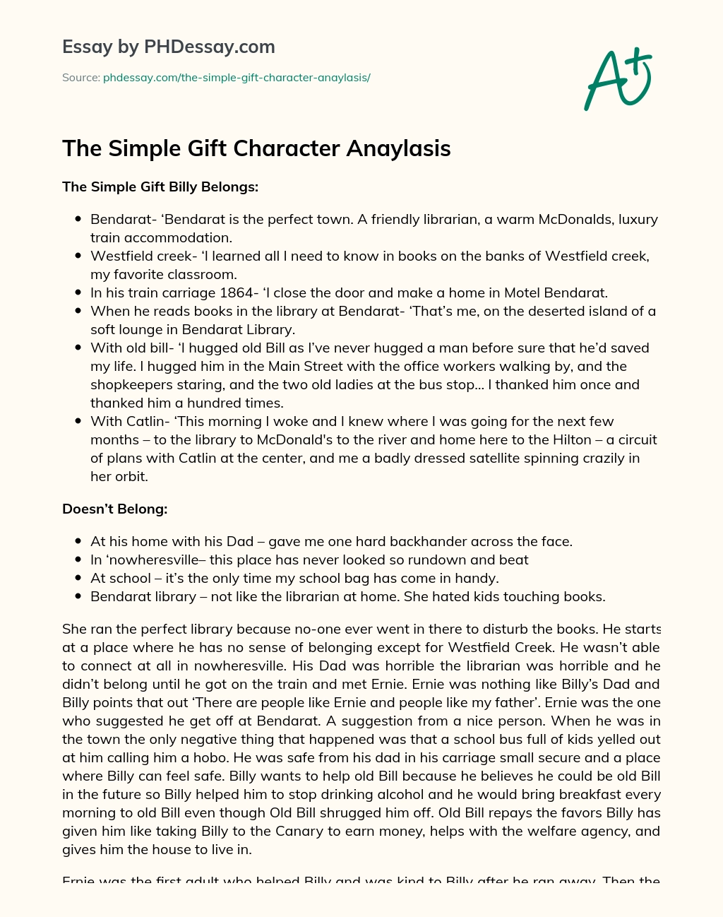 The Simple Gift Character Anaylasis essay