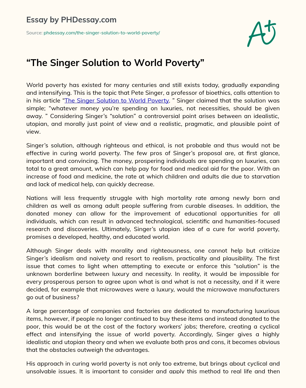 The Controversy Surrounding Singer’s Solution to World Poverty essay