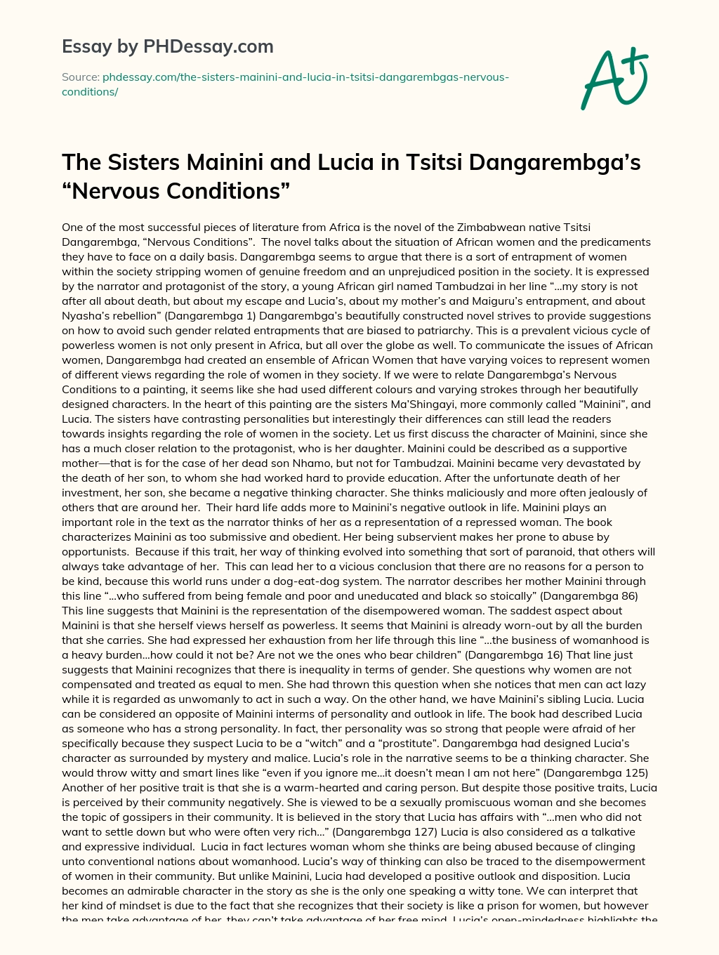The Sisters Mainini and Lucia in Tsitsi Dangarembga’s “Nervous Conditions” essay