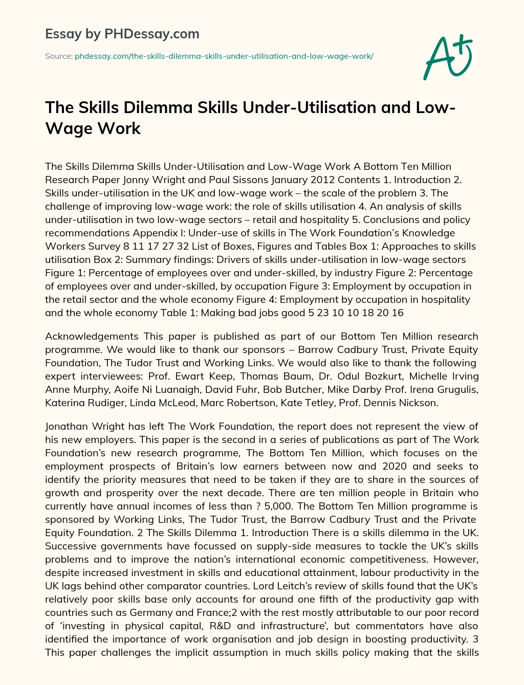 The Skills Dilemma Skills Under-Utilisation and Low-Wage Work essay