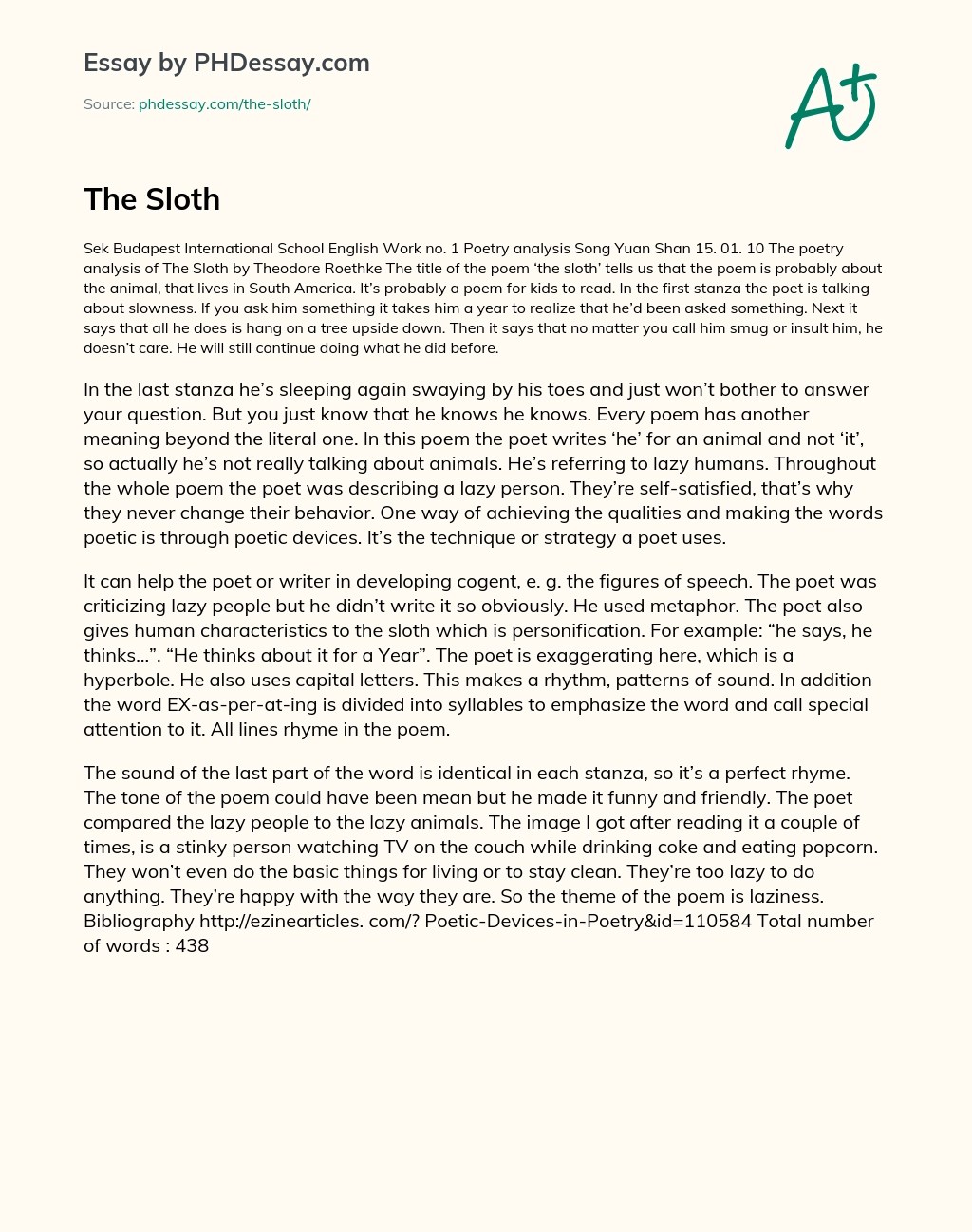 The Sloth by Theodore Roethke: A Poetic Critique of Laziness essay