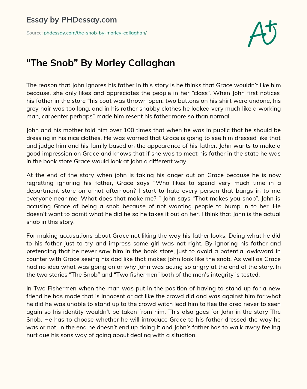 The Snob By Morley Callaghan essay