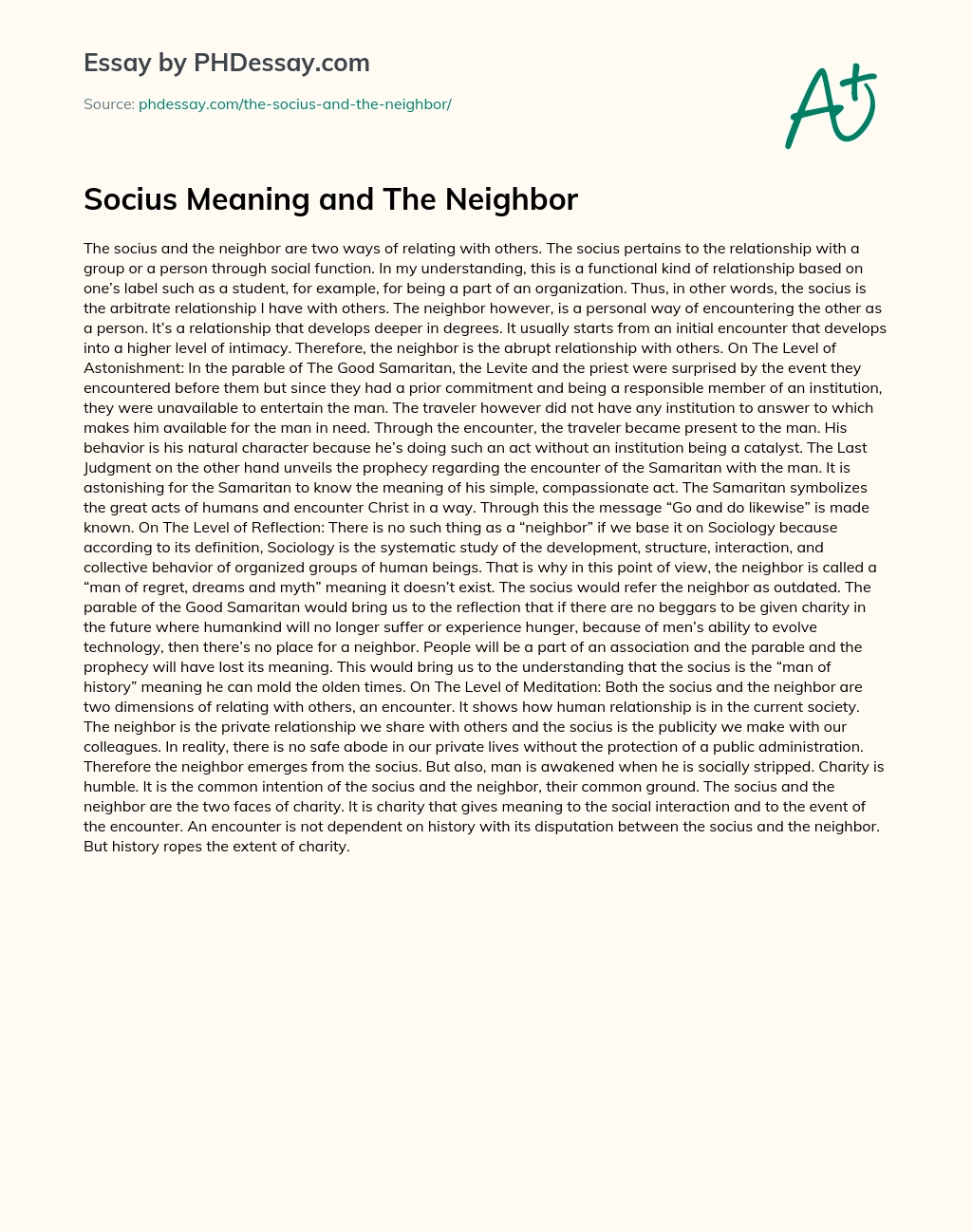 Socius Meaning and The Neighbor essay