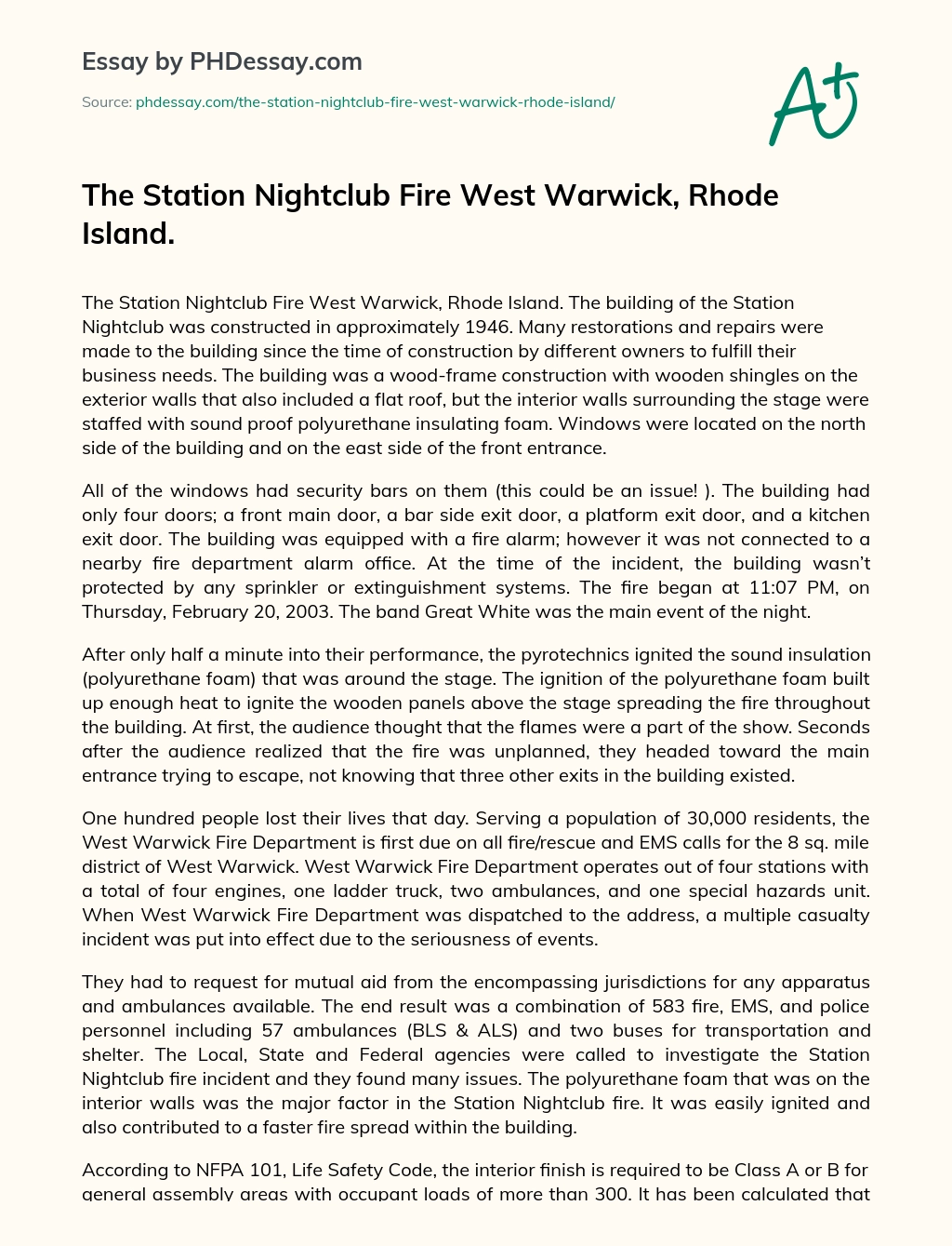 The Station Nightclub Fire West Warwick, Rhode Island. essay