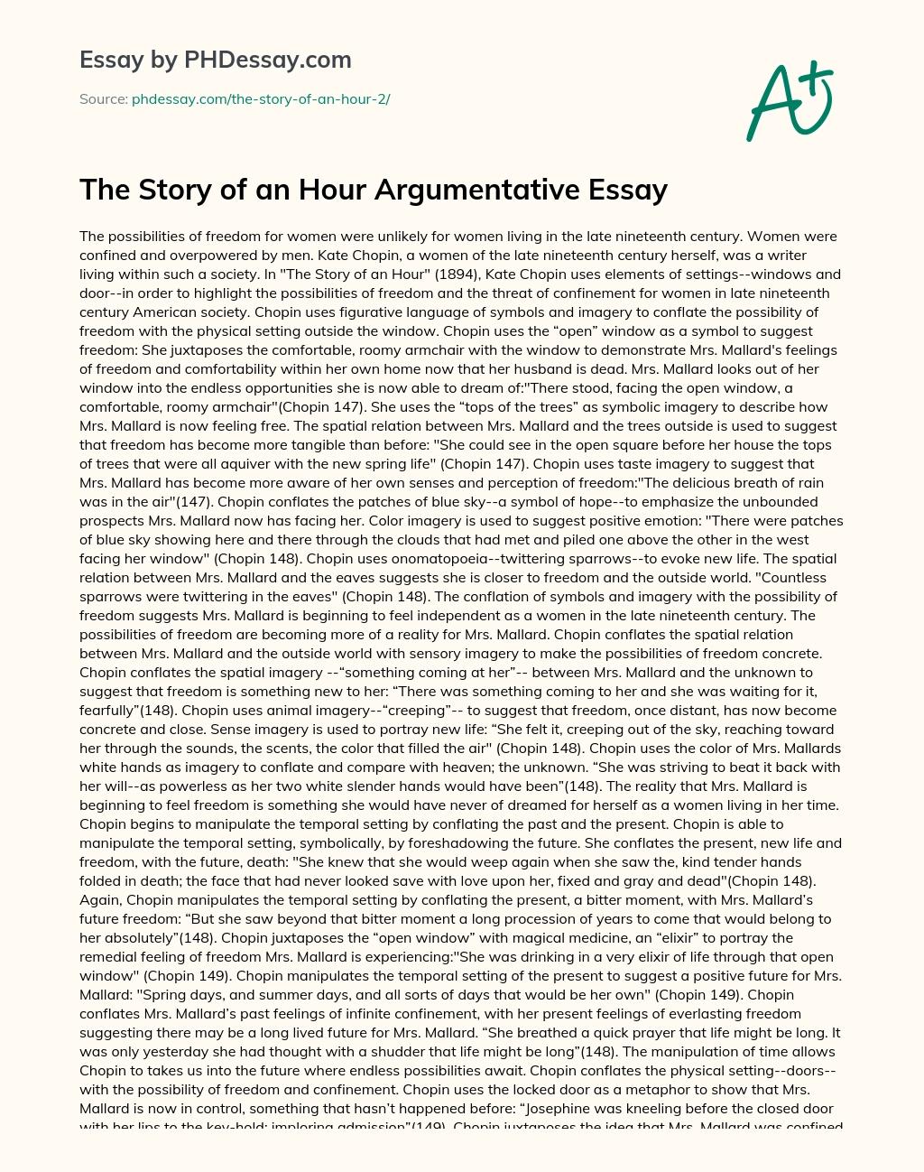 The Story of an Hour Argumentative Essay