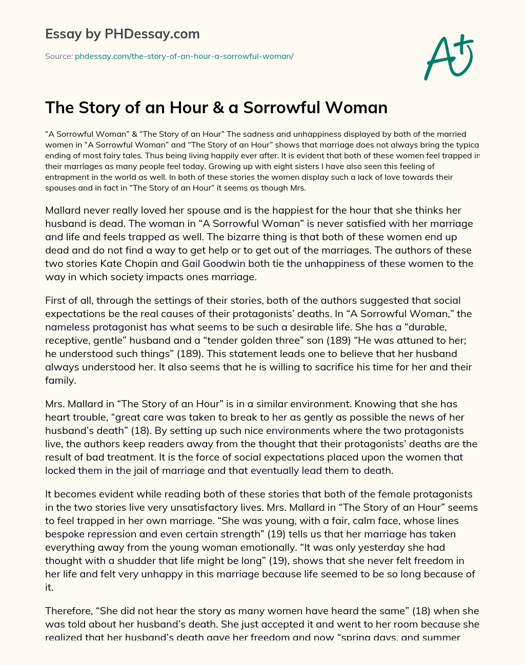 The Story of an Hour & a Sorrowful Woman essay
