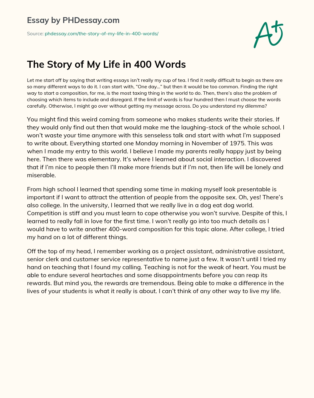 The Story Of My Life Narrative And Summary Essay Example (400 Words) -  