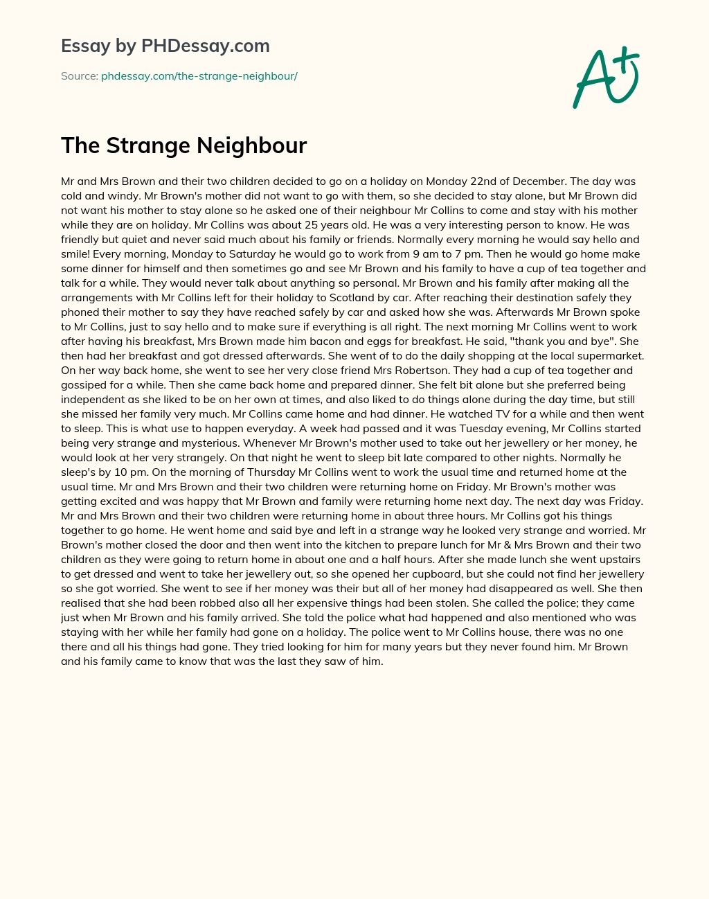 The Strange Neighbour Short Story essay
