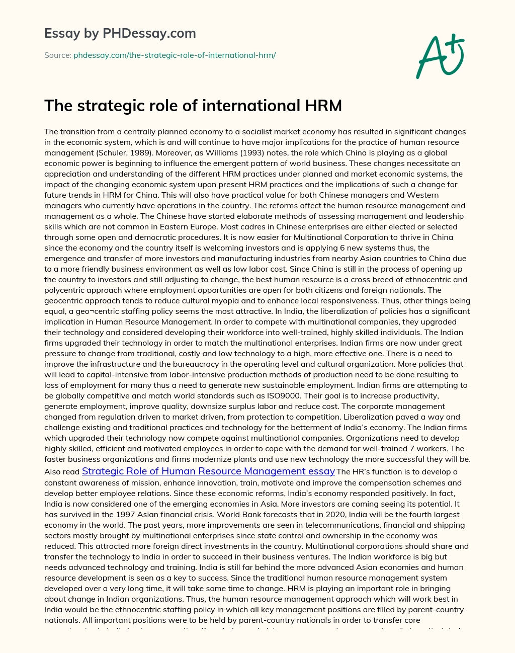 The strategic role of international HRM essay