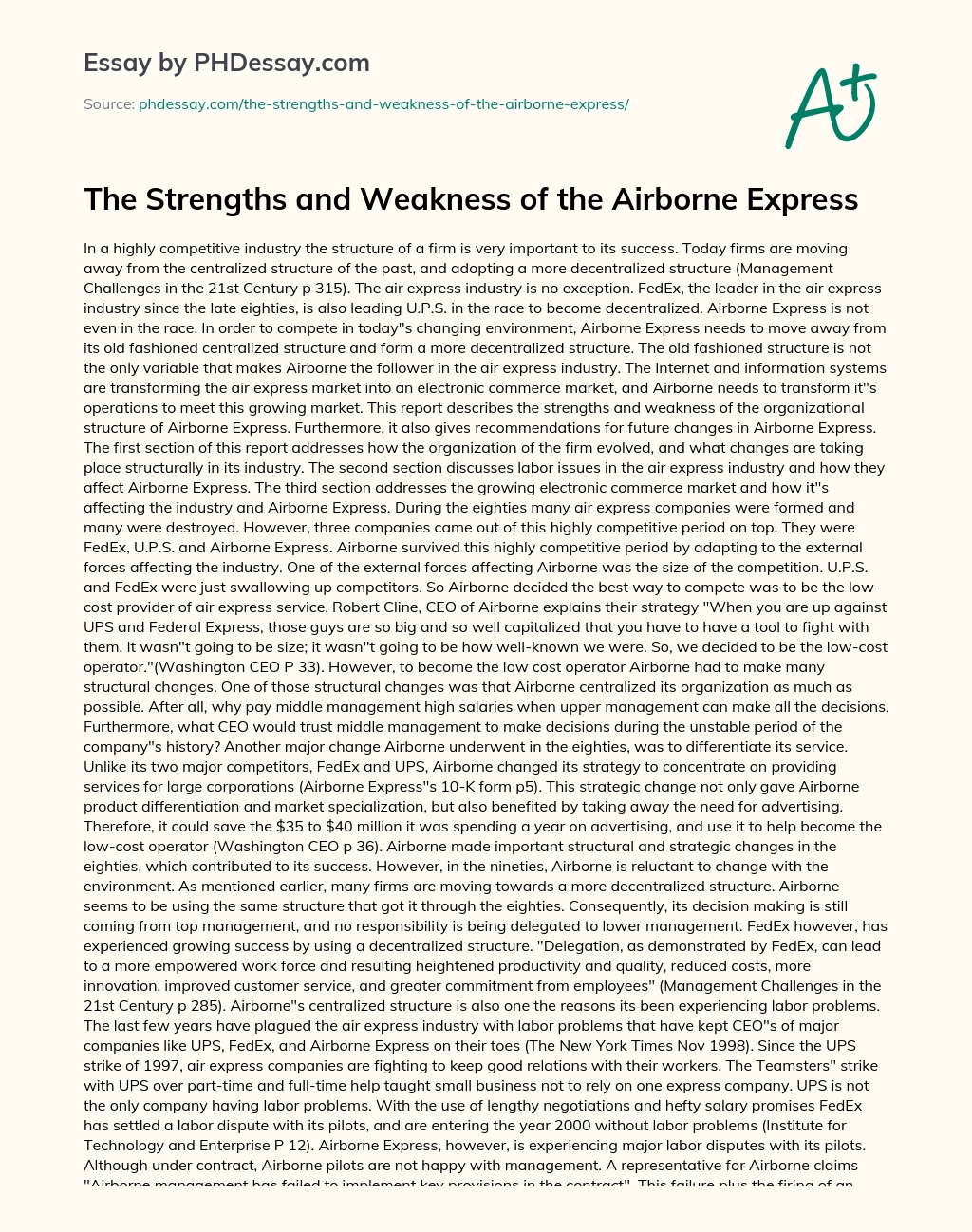 The Strengths and Weakness of the Airborne Express essay