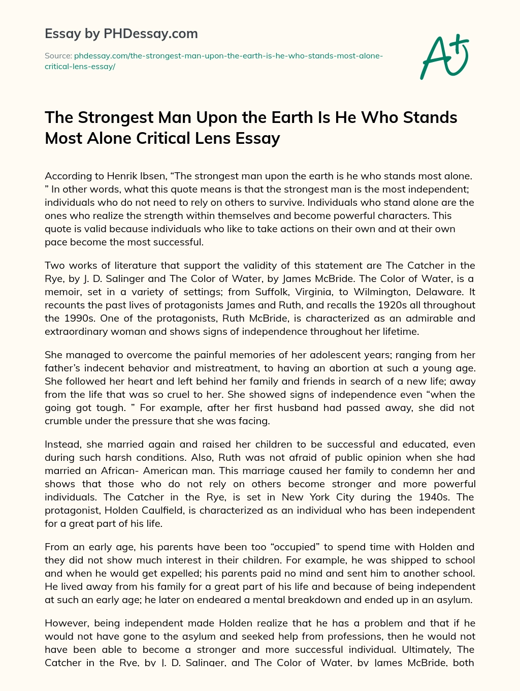 The Strongest Man Upon the Earth Is He Who Stands Most Alone Critical Lens Essay essay