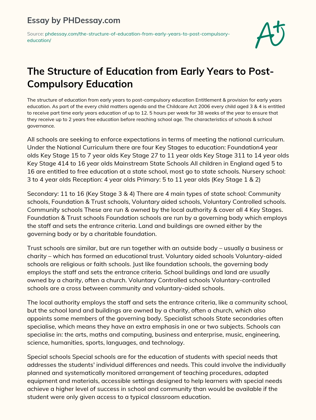 The Structure of Education from Early Years to Post-Compulsory Education essay
