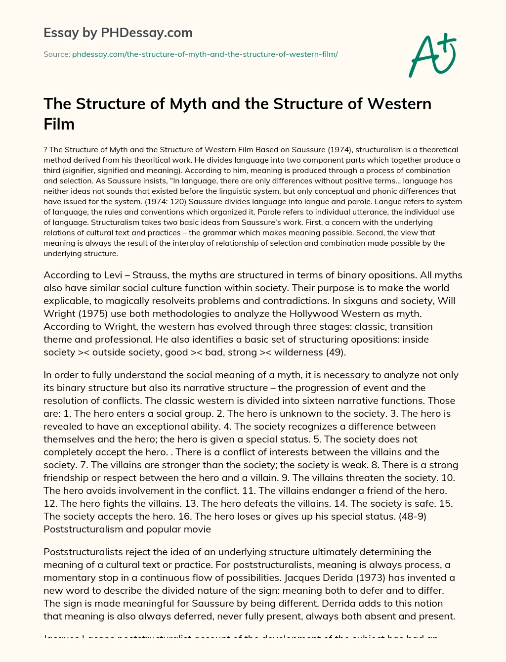 The Structure of Myth and the Structure of Western Film essay