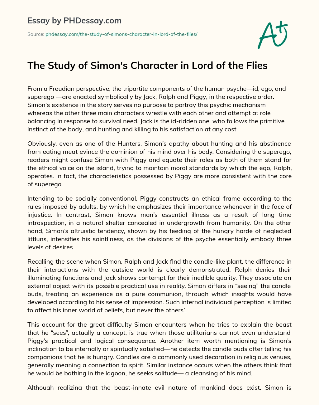 The Study of Simon’s Character in Lord of the Flies essay