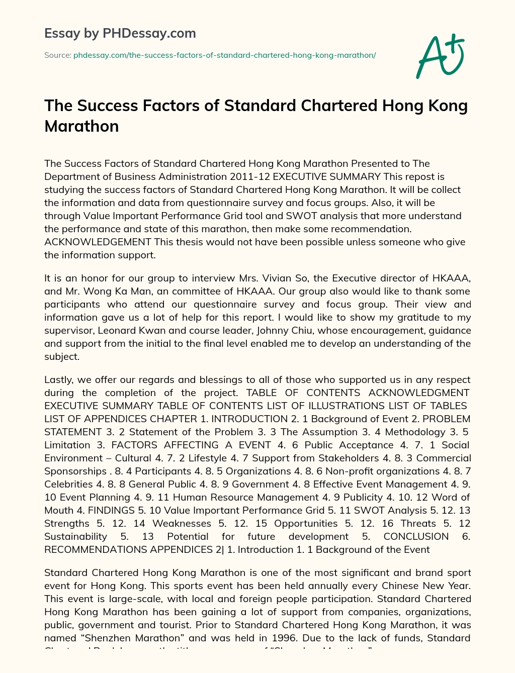 The Success Factors of Standard Chartered Hong Kong Marathon essay