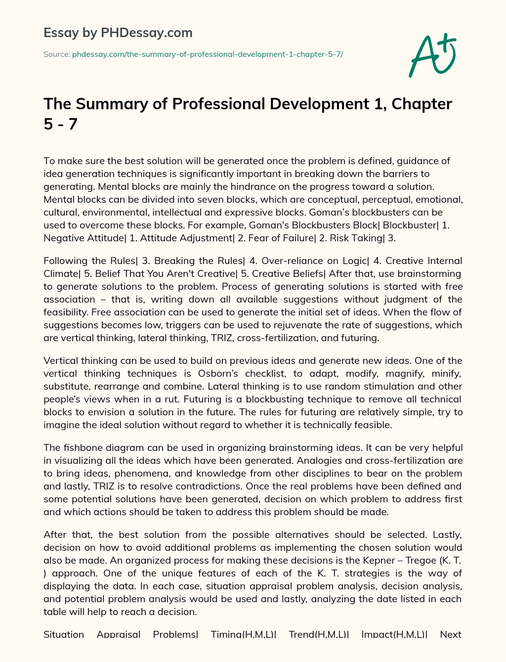 The Summary of Professional Development 1, Chapter 5 – 7 essay