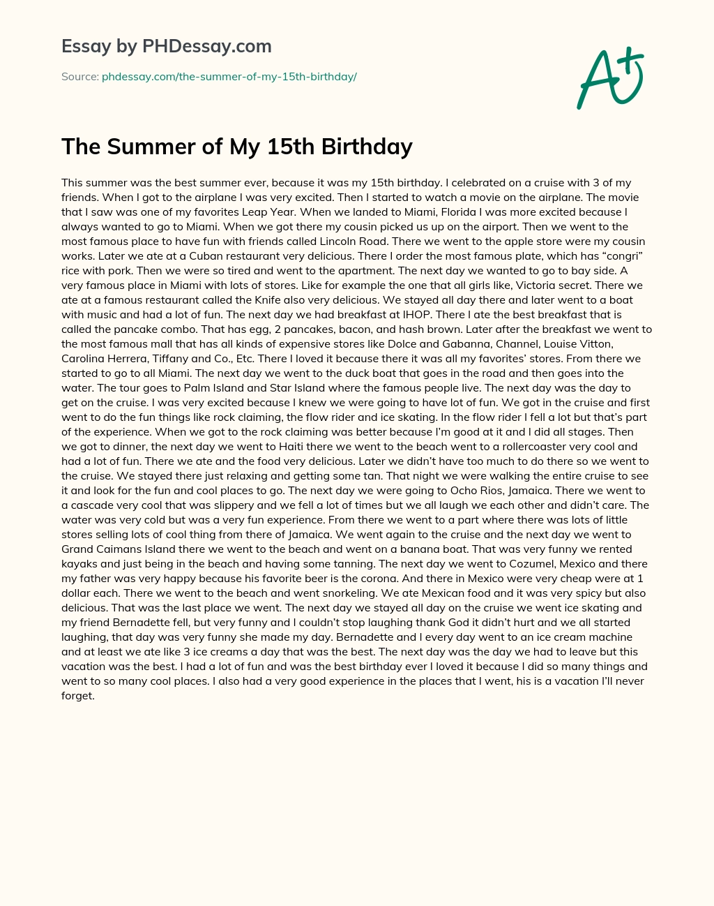 The Summer of My 15th Birthday essay