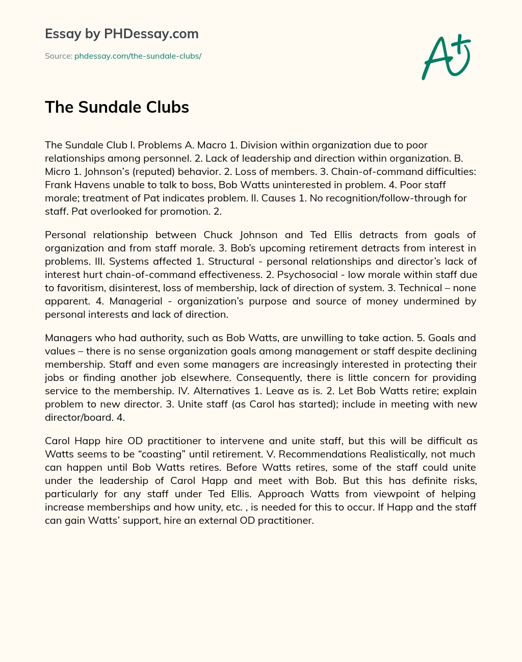 The Sundale Clubs essay