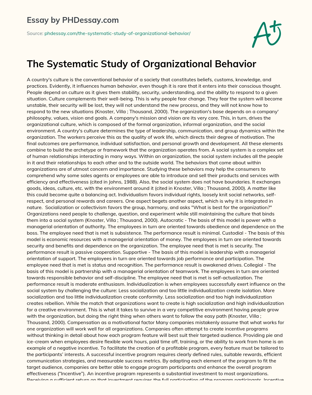 The Systematic Study of Organizational Behavior essay