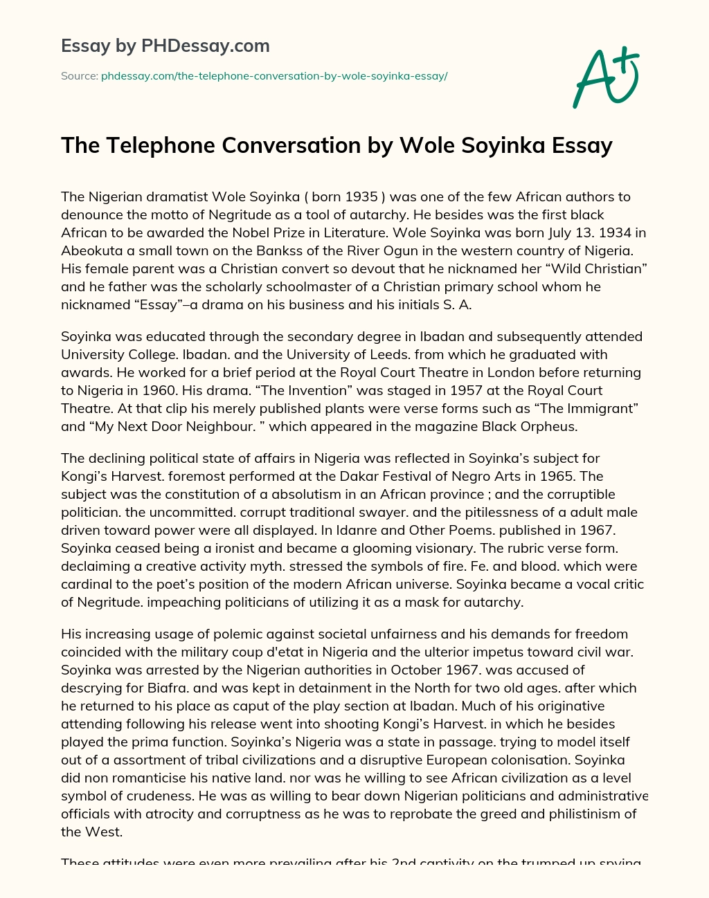 The Telephone Conversation by Wole Soyinka Essay essay