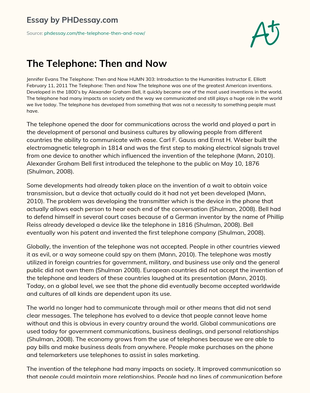The Telephone: Then and Now essay