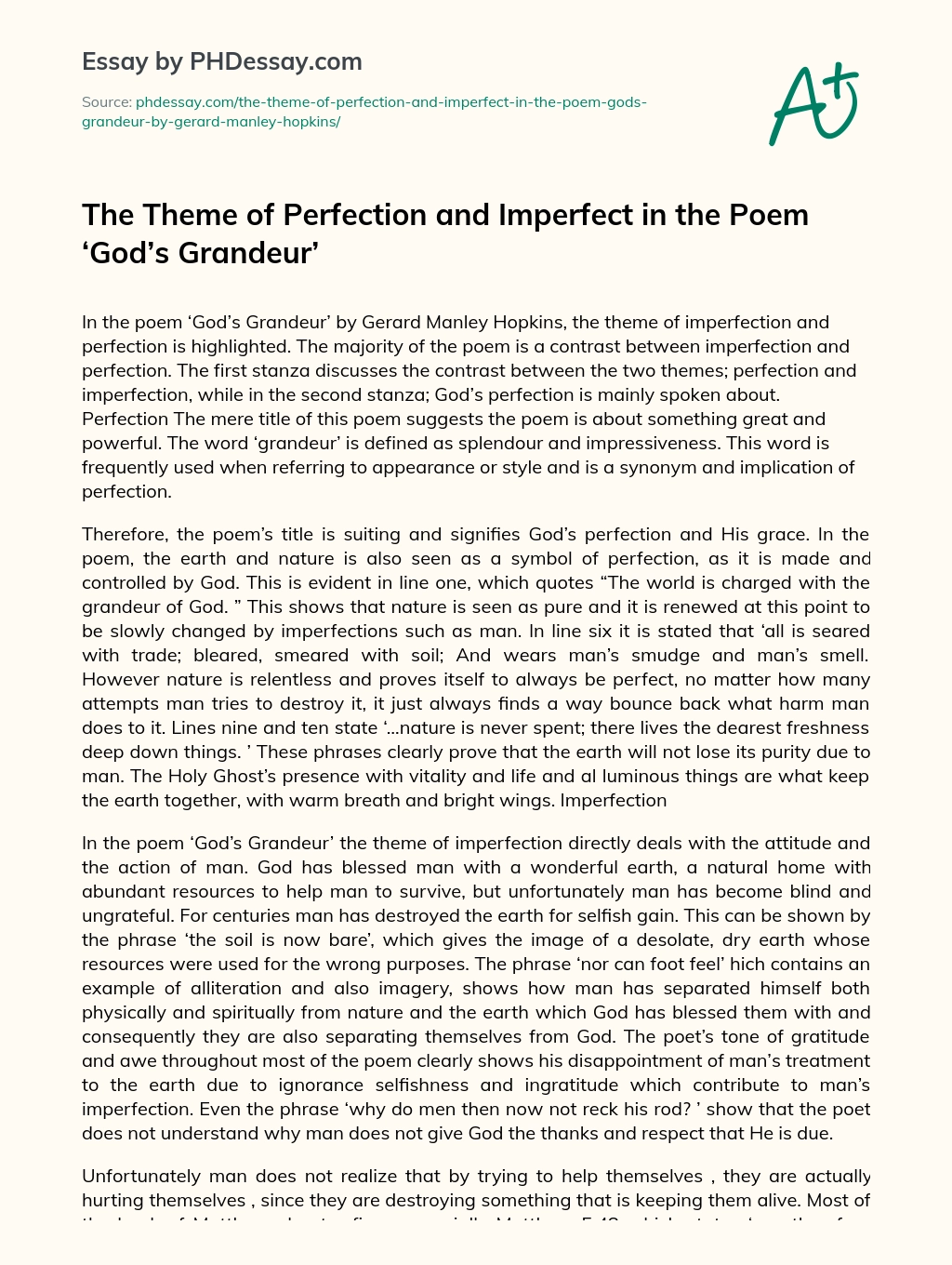 The Theme of Perfection and Imperfect in the Poem ‘God’s Grandeur’ essay