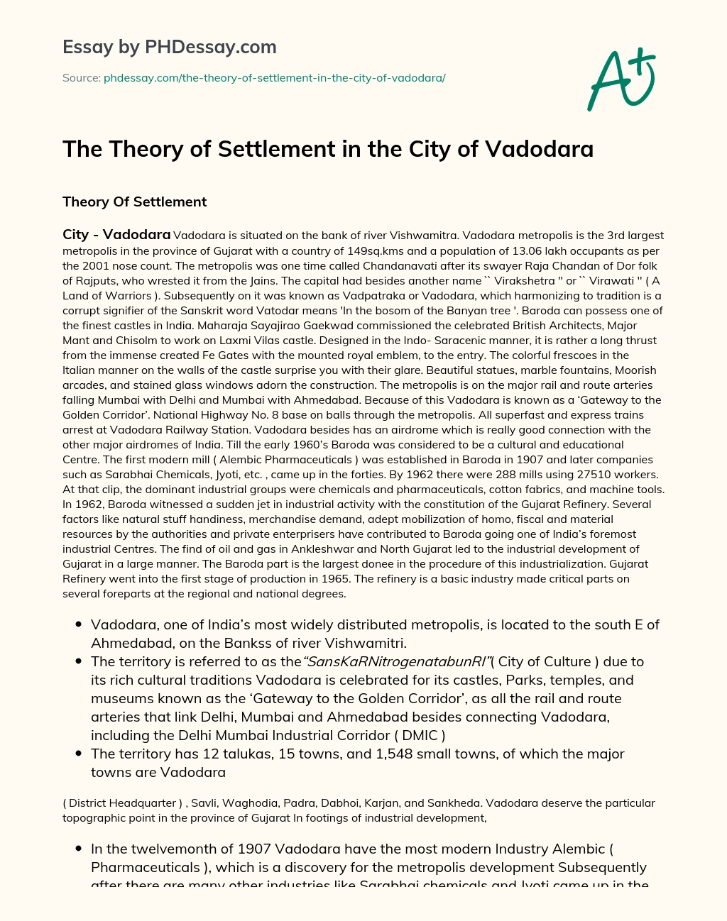 The Theory of Settlement in the City of Vadodara essay