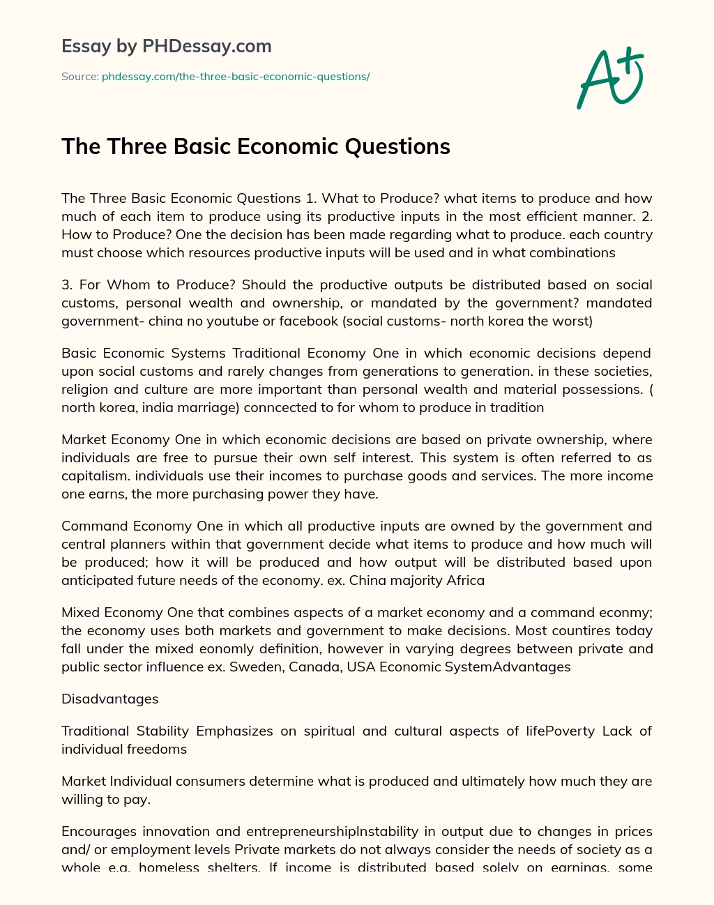 The Three Basic Economic Questions essay