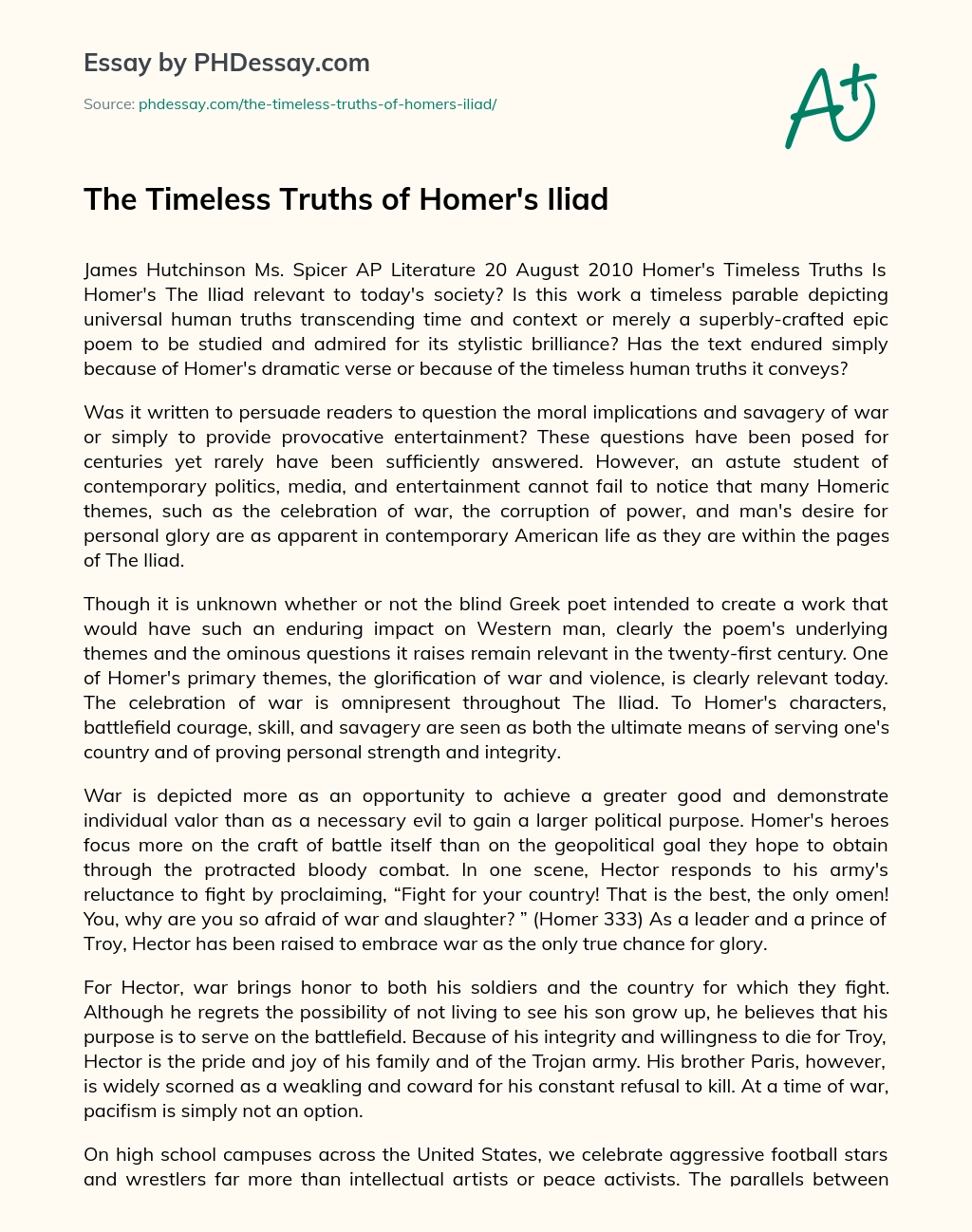 The Timeless Truths of Homer’s Iliad essay