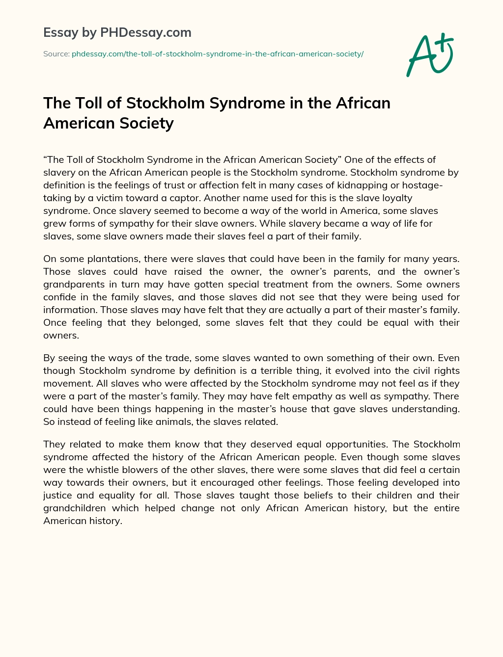 The Toll of Stockholm Syndrome in the African American Society essay