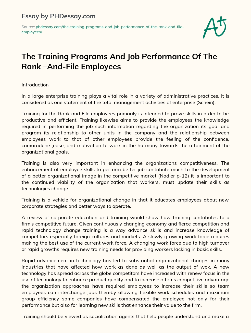 The Training Programs And Job Performance Of The Rank –And-File Employees essay