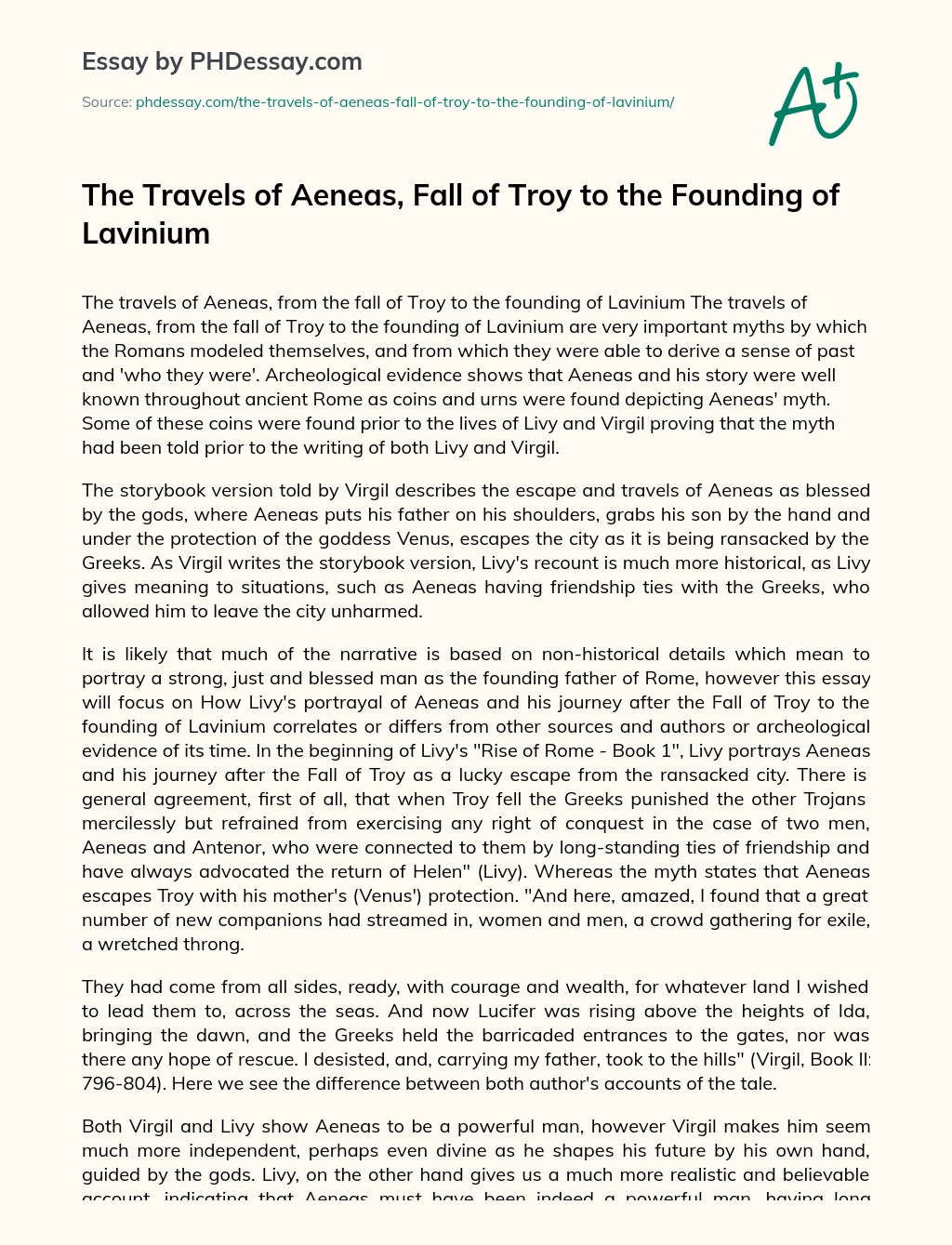 The Travels of Aeneas, Fall of Troy to the Founding of Lavinium essay