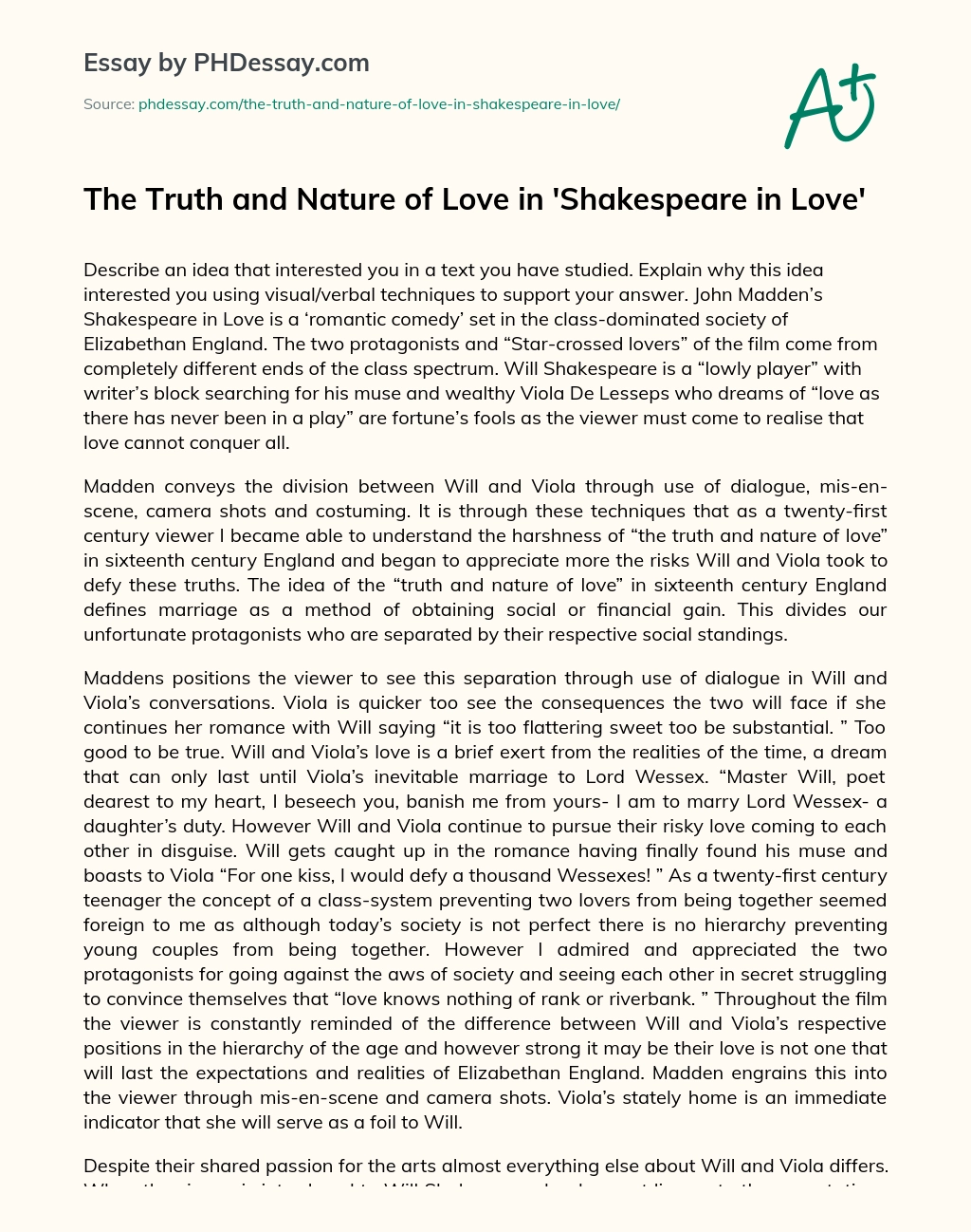 The Truth and Nature of Love in ‘Shakespeare in Love’ essay