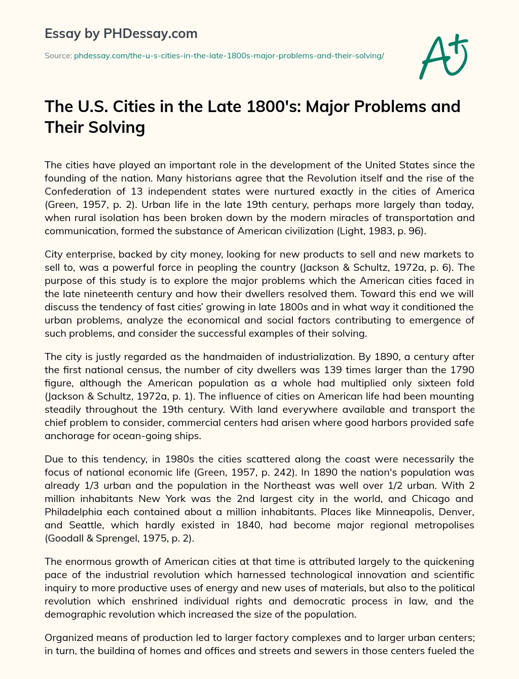 The U.S. Cities in the Late 1800’s: Major Problems and Their Solving essay