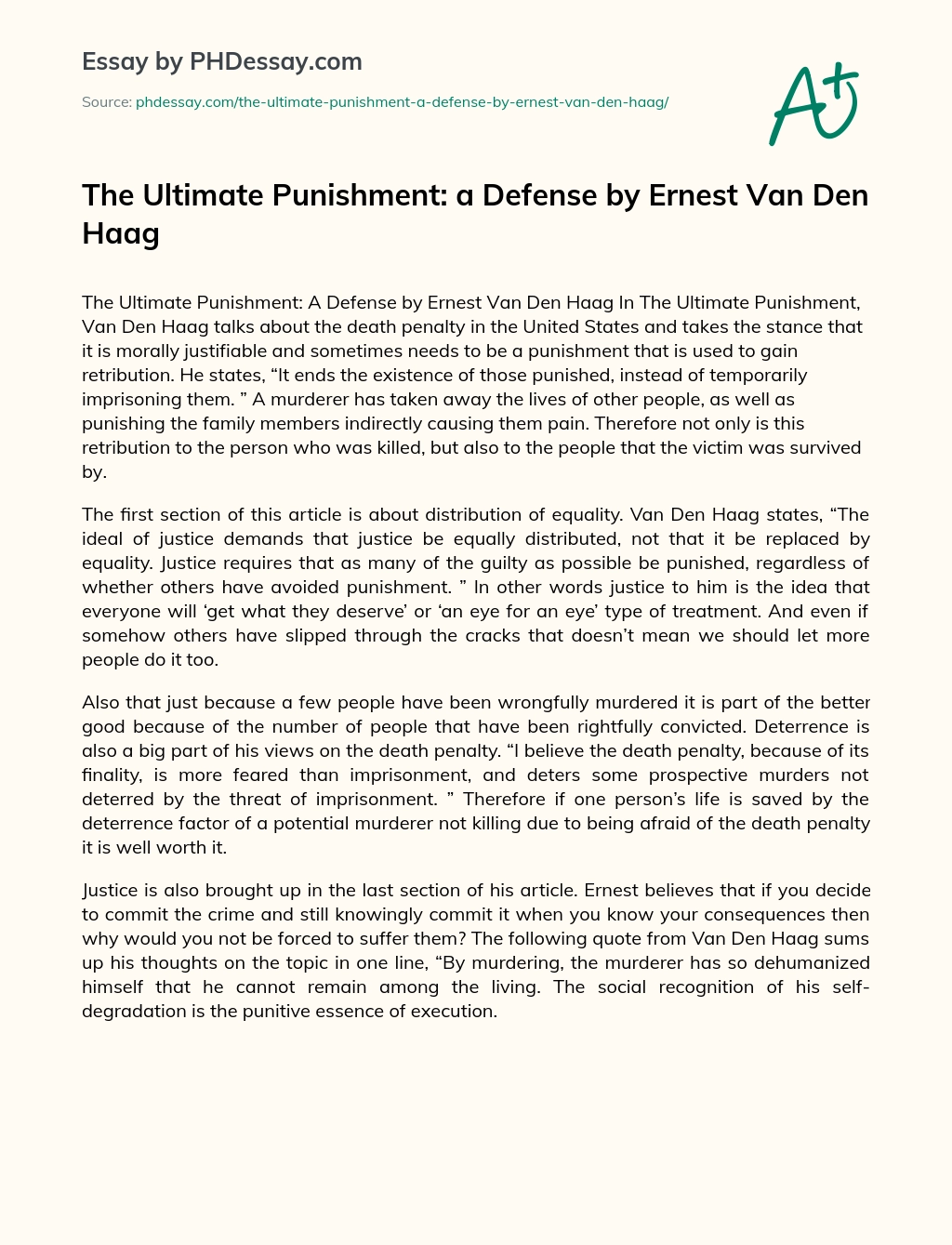 The Ultimate Punishment: a Defense by Ernest Van Den Haag essay