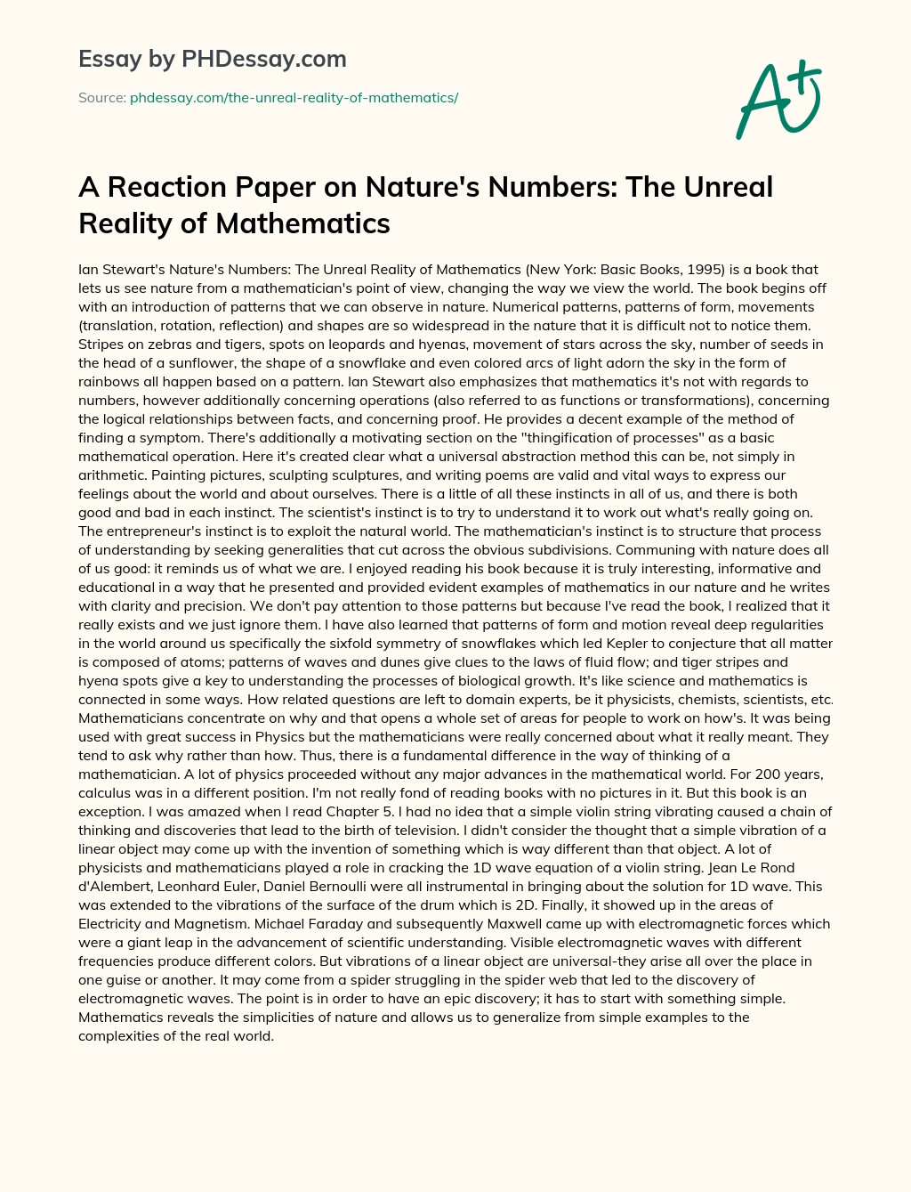 A Reaction Paper on Nature’s Numbers: The Unreal Reality of Mathematics essay