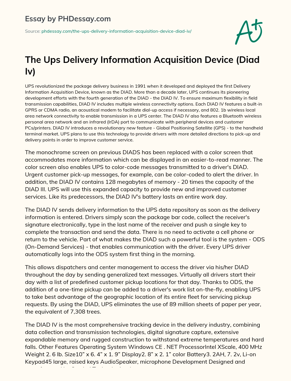 The UPS Delivery Information Acquisition Device (DIAD IV) essay