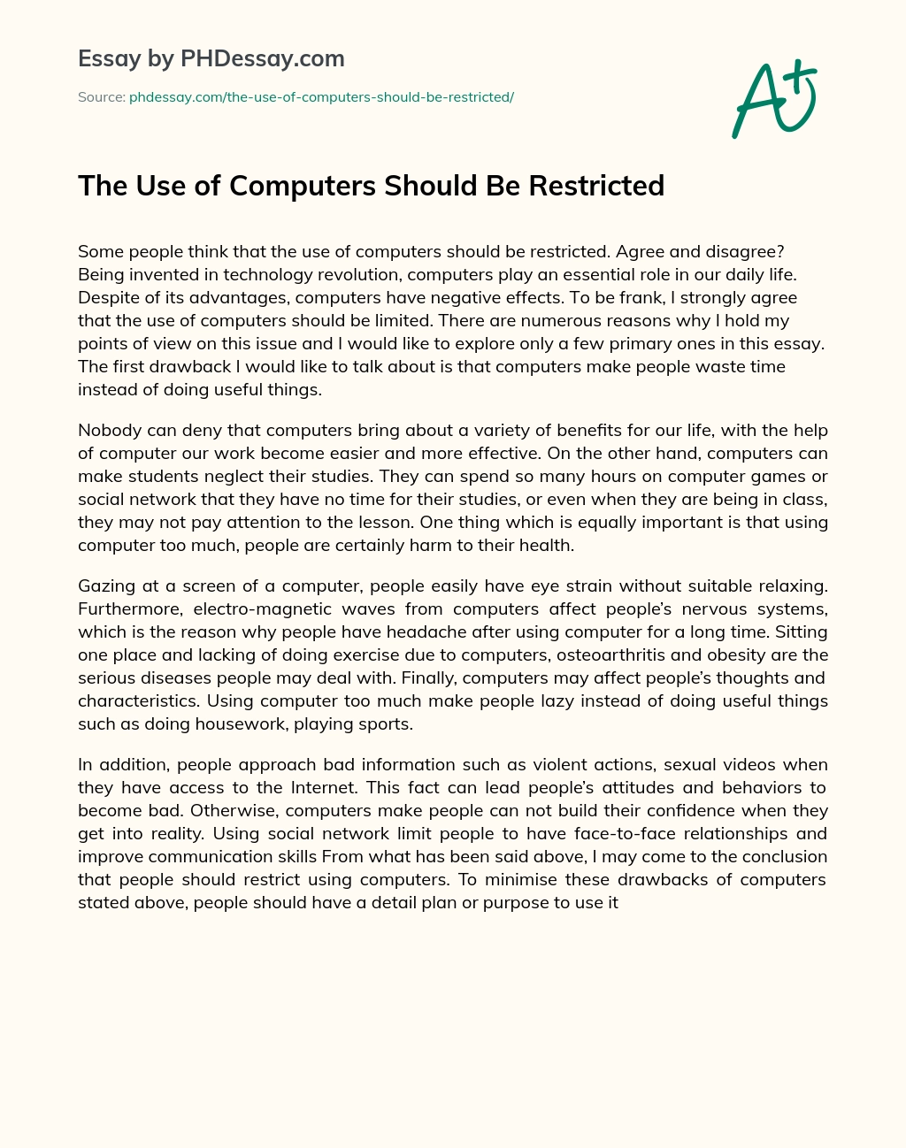 The Use of Computers Should Be Restricted essay