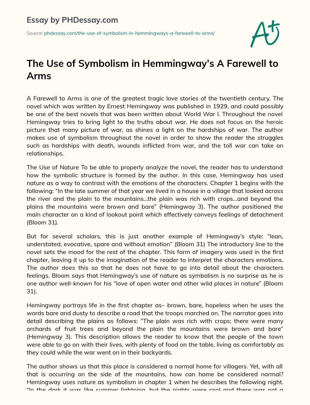 The Use of Symbolism in Hemmingway’s A Farewell to Arms essay