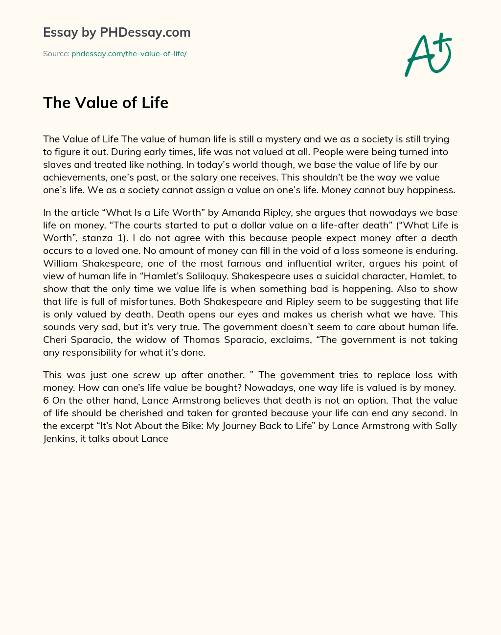 The Value of Life essay